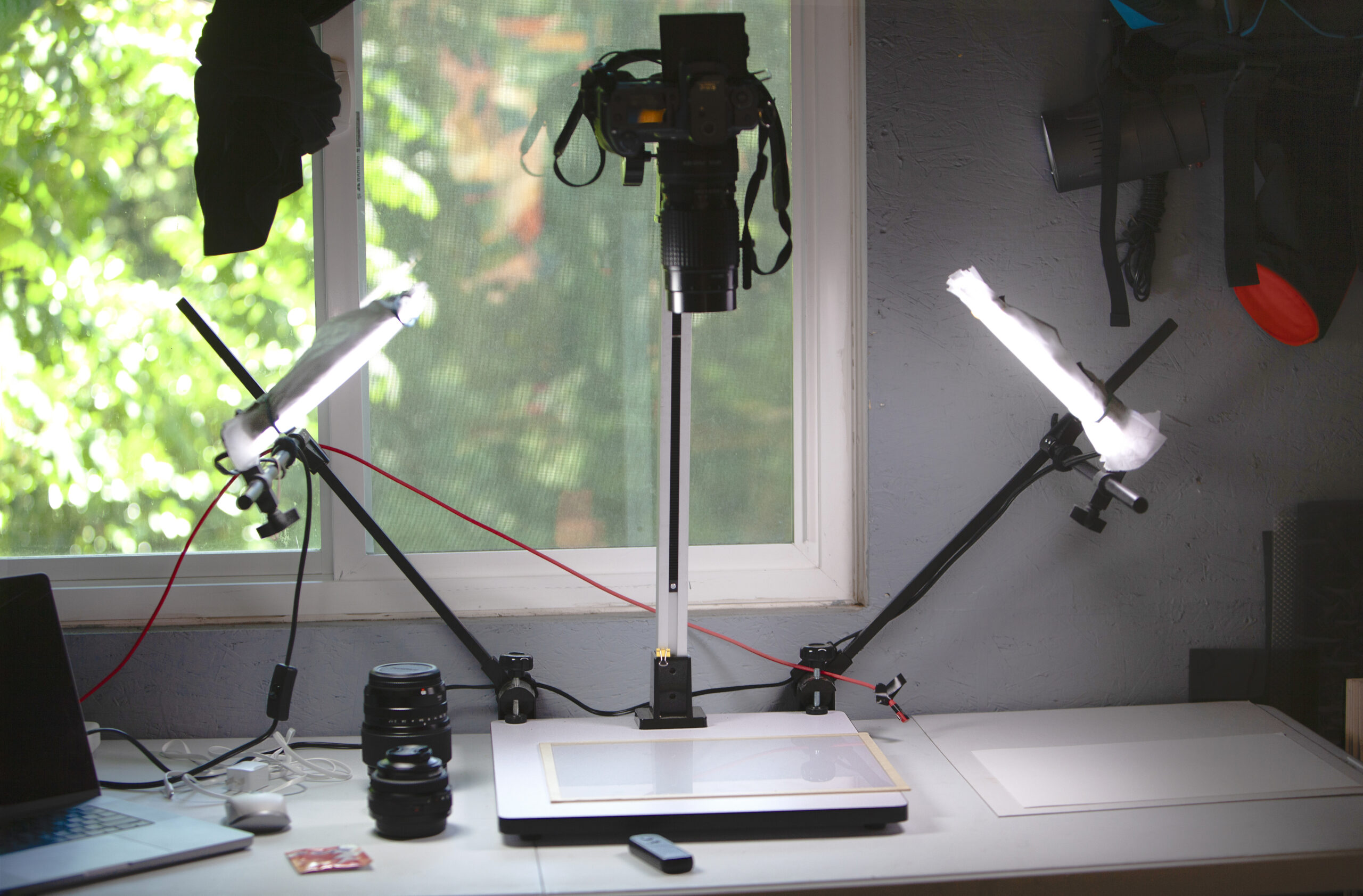 Set up for digitizing film negatives with Fuji GFX100 and special lighting equipment